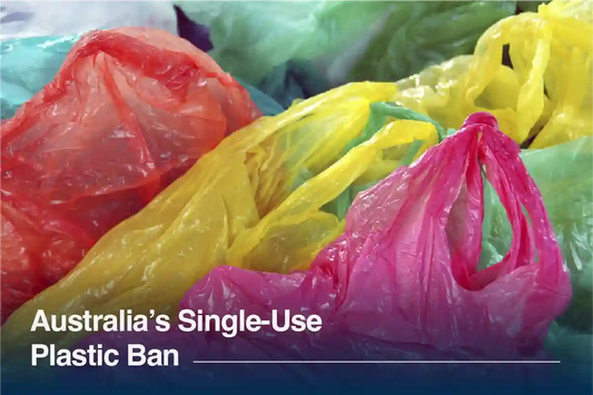 Colourful single-use plastic bags representing Australia’s restrictions on disposable plastics and efforts to reduce plastic waste.