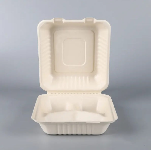 8" Inch 3-Compartment Sugarcane Fiber Clamshell (200Pcs/Ctn)
