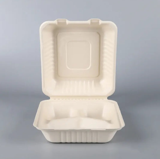 8" Inch 3-Compartment Sugarcane Fiber Clamshell (200Pcs/Ctn)