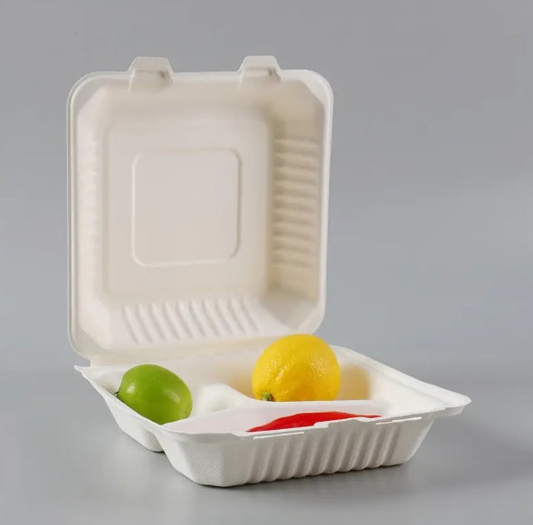 8" Inch 3-Compartment Sugarcane Fiber Clamshell (200Pcs/Ctn)