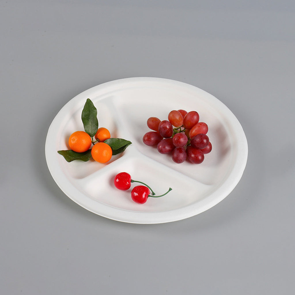 9" Inch 3-Compartment Sugarcane Fiber Plate (500Pcs/Ctn)