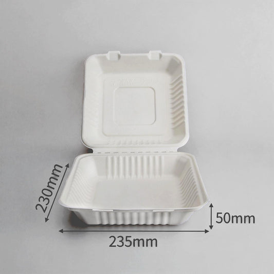 9” x 9” Biodegradable Container (Bagasse Clamshell)