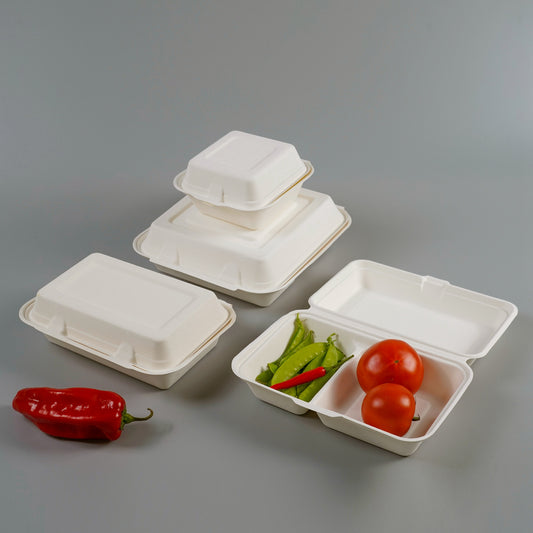 1000ml 2-Compartment Sugarcane Fiber Clamshell (500Pcs/Ctn)